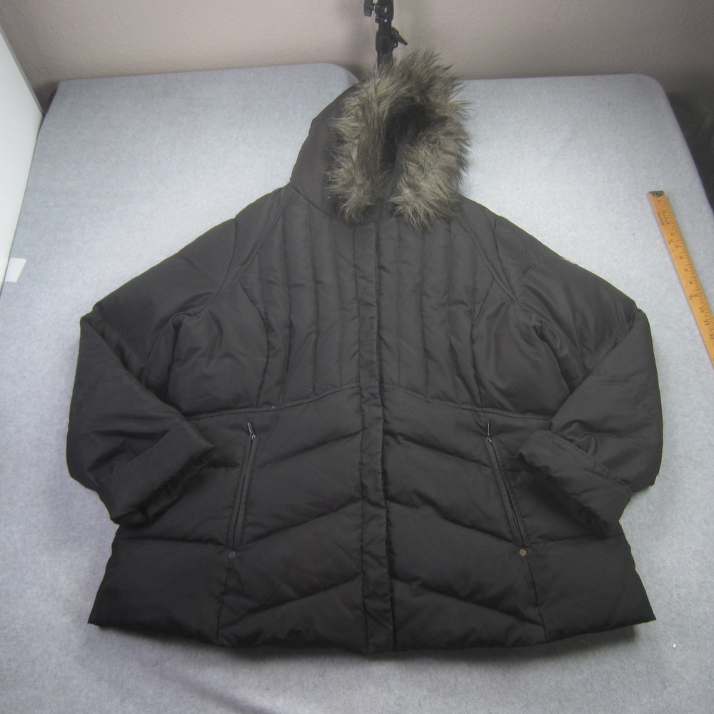 Calvin Klein Jacket Womens 2X Black Puffer Coat Hooded Faux Fur Trim‎ Down Fill